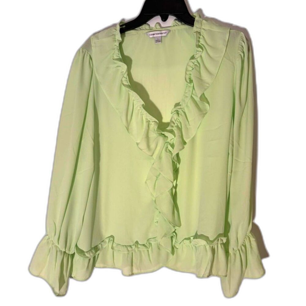 Women's Light Green Chiffon Ruffle Long Sleeve Counterparts Blouse Top size L